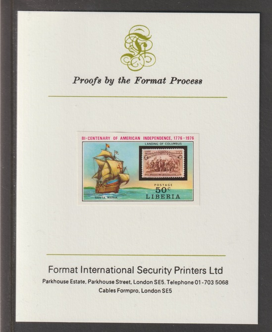 Liberia 1975 US Bicentenary 50c Santa Maria iimperf mounted on Format International proof card, as SG 1238, stamps on americana, stamps on stamp on stamp, stamps on ships, stamps on columbus