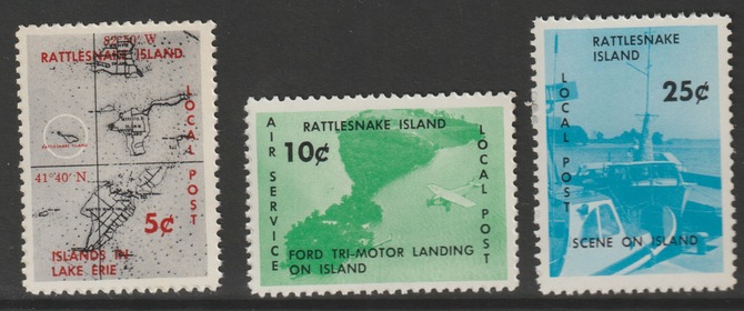 Cinderella - Rattlesnake Island (USA) Local Post set of 3 unmounted mint, stamps on maps, stamps on cinderellas