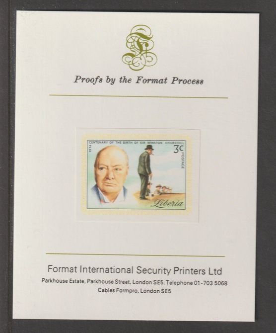 Liberia 1975 Winston Churchill Birth Centenary 3c iimperf mounted on Format International proof card, as SG 1219, stamps on , stamps on  stamps on churchill, stamps on  stamps on  ww2 , stamps on  stamps on militaria