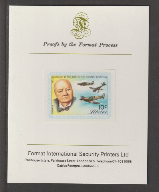 Liberia 1975 Winston Churchill Birth Centenary 10c iimperf mounted on Format International proof card, as SG 1220, stamps on churchill, stamps on  ww2 , stamps on aviation, stamps on spitfire