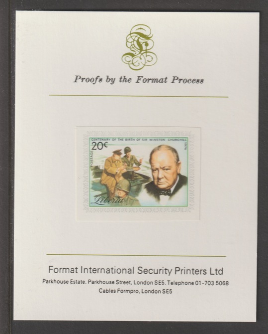 Liberia 1975 Winston Churchill Birth Centenary 20c iimperf mounted on Format International proof card, as SG 1223, stamps on churchill, stamps on  ww2 , stamps on militaria, stamps on rivers