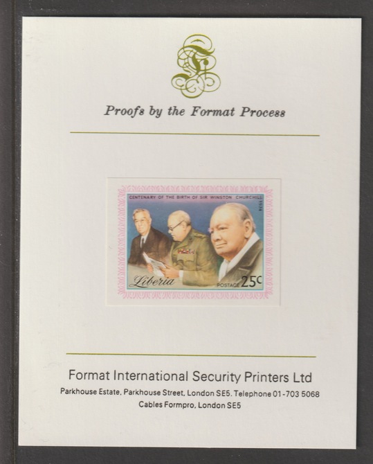 Liberia 1975 Winston Churchill Birth Centenary 25c iimperf mounted on Format International proof card, as SG 1224, stamps on , stamps on  stamps on churchill, stamps on  stamps on  ww2 , stamps on  stamps on roosevelt, stamps on  stamps on usa presidents