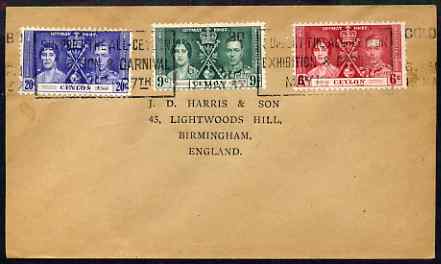 Ceylon 1937 KG6 Coronation set of 3 on cover with first day cancel addressed to the forger, J D Harris.  Harris was imprisoned for 9 months after Robson Lowe exposed him ..., stamps on , stamps on  kg6 , stamps on forgery, stamps on forger, stamps on forgeries, stamps on coronation