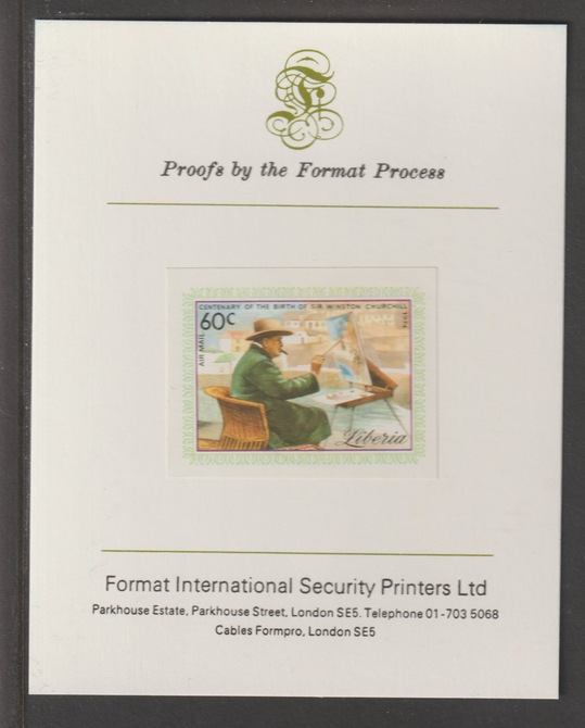 Liberia 1975 Winston Churchill Birth Centenary 60c (ex m/sheet) iimperf mounted on Format International proof card, as SG 1225, stamps on , stamps on  stamps on churchill, stamps on  stamps on  ww2 , stamps on  stamps on arts