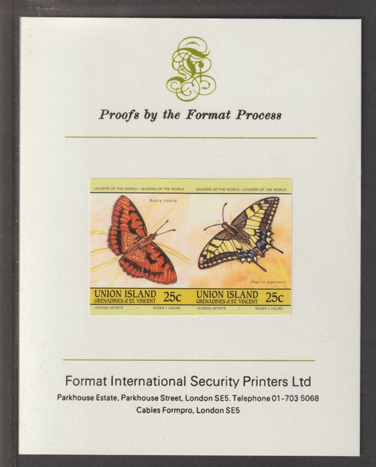 St Vincent - Union Island 1985 Butterflies (Leaders of the World) 25c se-tenant pair (Common Joker & Swallowtail) iimperf mounted on Format International proof card, , stamps on butterflies