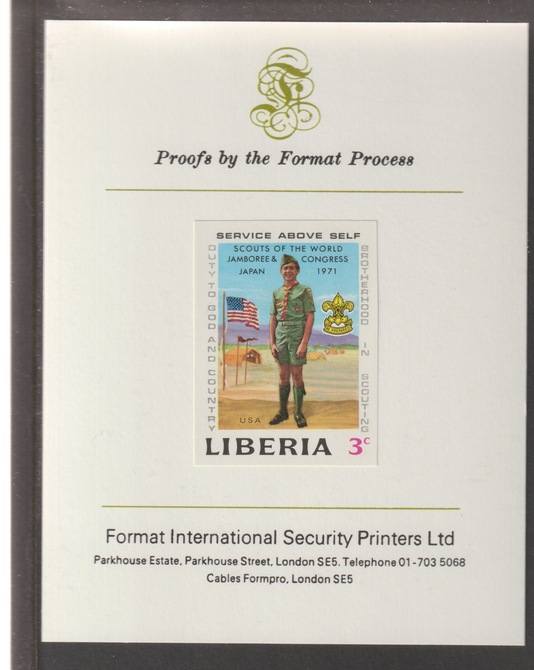 Liberia 1971 World Scout Jamboree 3c (American Scout) iimperf mounted on Format International proof card, as SG 1074, stamps on scouts, stamps on scouting, stamps on americana