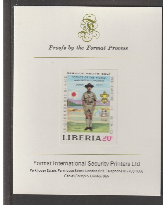 Liberia 1971 World Scout Jamboree 20c (Japanese Scout) iimperf mounted on Format International proof card, as SG 1078, stamps on scouts, stamps on scouting, stamps on 