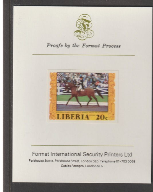 Liberia 1977 Montreal Olympics - Equestrian Gold Medal Winners 20c iimperf mounted on Format International proof card, as SG 1316, stamps on , stamps on  stamps on olympics, stamps on  stamps on equestrian, stamps on  stamps on horses