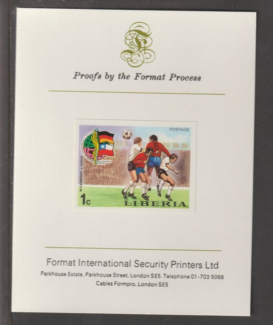 Liberia 1974 World Cup Football Championship 1c (W Germany v Chile) imperf mounted on Format International proof card, as SG 1201, stamps on football
