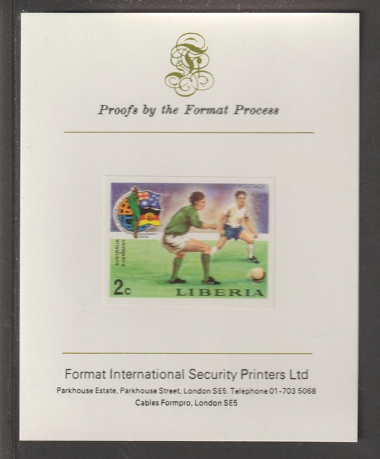 Liberia 1974 World Cup Football Championship 2c (Australia v E Germany) imperf mounted on Format International proof card, as SG 1202, stamps on football