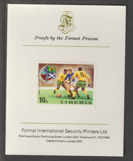 Liberia 1974 World Cup Football Championship 10c (Zaire v Scotland) imperf mounted on Format International proof card, as SG 1204, stamps on football
