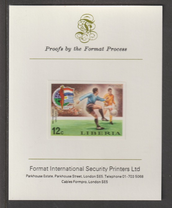 Liberia 1974 World Cup Football Championship 12c (Netherlands v Uruguay) imperf mounted on Format International proof card, as SG 1205, stamps on football