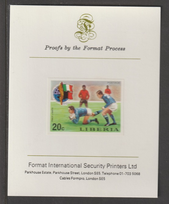 Liberia 1974 World Cup Football Championship 20c (Italy v Haiti) imperf mounted on Format International proof card, as SG 1207, stamps on football