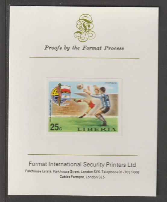 Liberia 1974 World Cup Football Championship 25c (Poland c Argentina) imperf mounted on Format International proof card, as SG 1208, stamps on football
