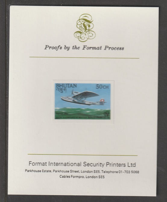 Bhutan 1983 Bicentenary of Manned Flight 50ch (Dornier Wal) imperf mounted on Format International proof card, as SG 506, stamps on aviation, stamps on flying boats