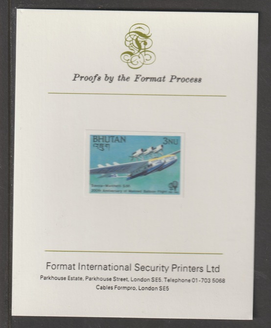 Bhutan 1983 Bicentenary of Manned Flight 3n (Savoia-Marchetti) imperf mounted on Format International proof card, as SG 507, stamps on aviation, stamps on flying boats