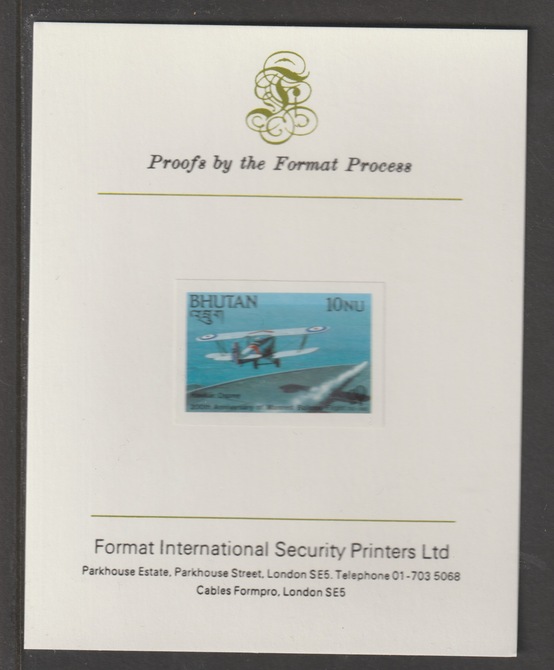 Bhutan 1983 Bicentenary of Manned Flight 10n (Hawker Osprey) imperf mounted on Format International proof card, as SG 508, stamps on aviation, stamps on 