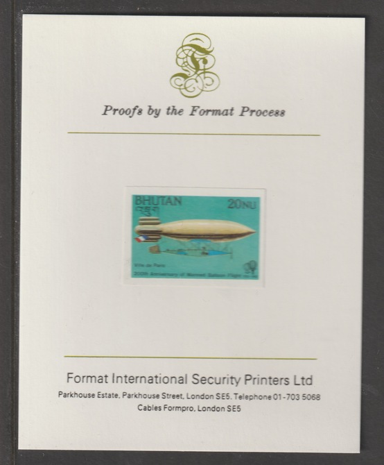 Bhutan 1983 Bicentenary of Manned Flight 20n (Astra Airship) imperf mounted on Format International proof card, as SG 509, stamps on aviation, stamps on airships