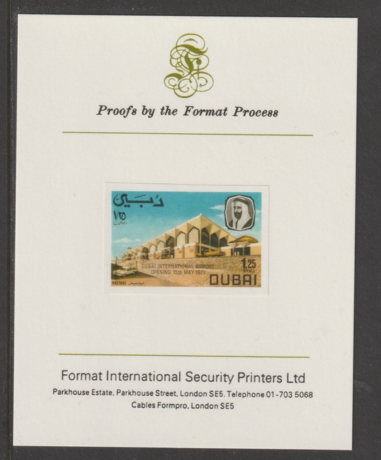 Dubai 1971 Opening of Dubai International Airport 1r25 imperf mounted on Format International proof card, as SG 373, stamps on aviation, stamps on airports