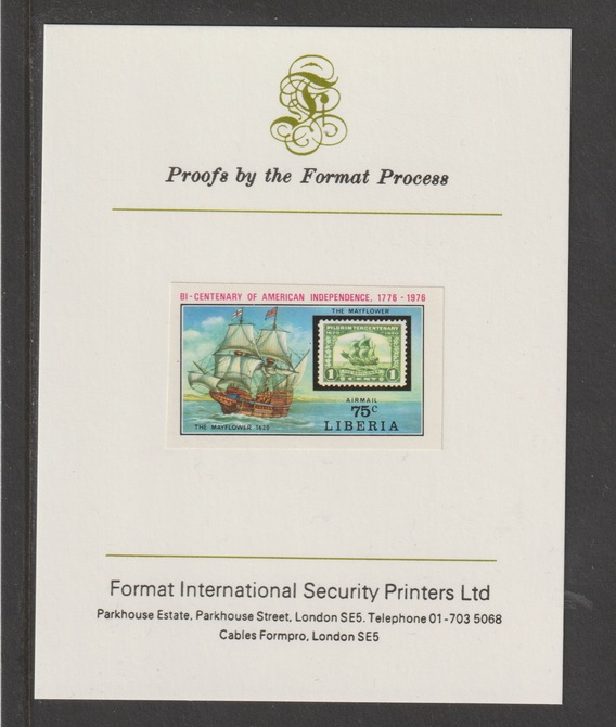 Liberia 1975 US Bicentenary 75c Mayflower (ex m/sheet) imperf mounted on Format International proof card, as SG 1239, stamps on , stamps on  stamps on americana, stamps on  stamps on stamp on stamp, stamps on  stamps on ships, stamps on  stamps on mayflower