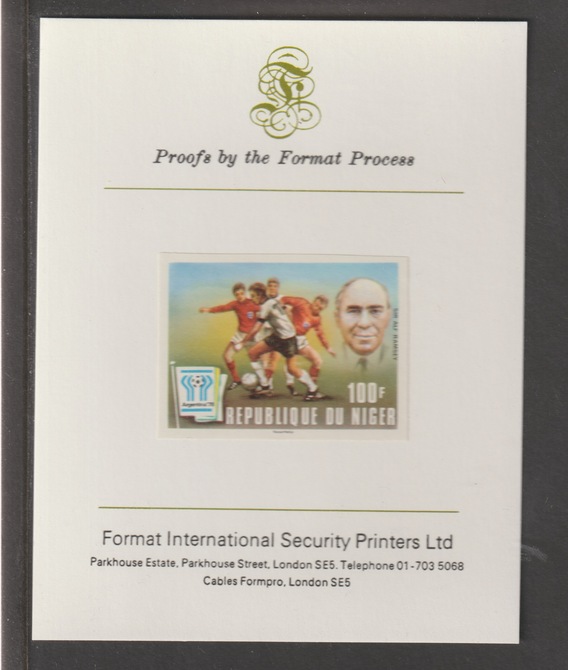 Niger Republic 1977 Football World Cup 100f (England) imperf mounted on Format International proof card, as SG 698, stamps on , stamps on  stamps on football