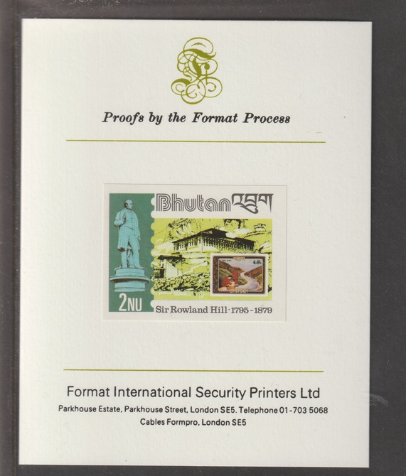 Bhutan 1980 Death Centenary of Rowland Hill 2nu imperf mounted on Format International proof card, as SG 429, stamps on rowland hill, stamps on stamp on stamp, stamps on statues