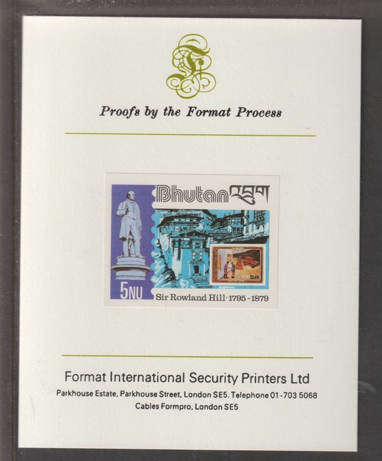 Bhutan 1980 Death Centenary of Rowland Hill 5nu imperf mounted on Format International proof card, as SG 430, stamps on rowland hill, stamps on stamp on stamp, stamps on statues