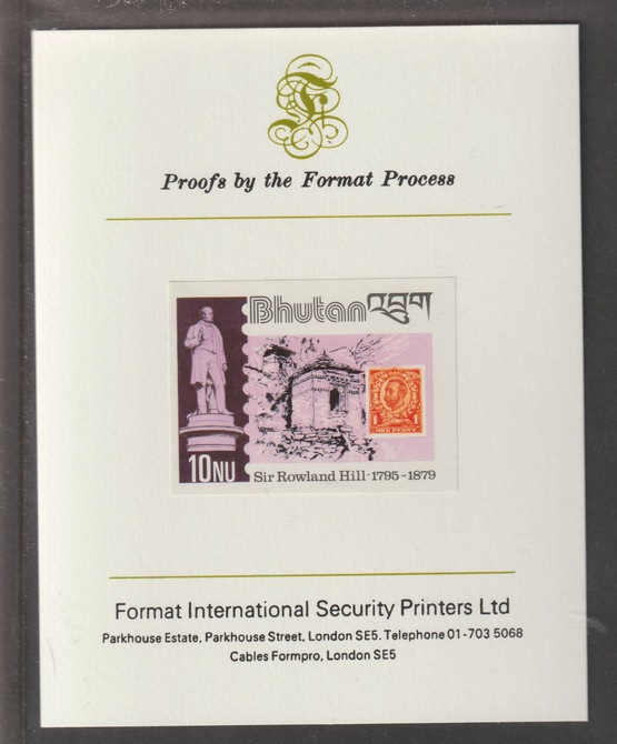 Bhutan 1980 Death Centenary of Rowland Hill 10nu imperf mounted on Format International proof card, as SG 431, stamps on rowland hill, stamps on stamp on stamp, stamps on statues