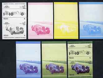 Nevis 1985 Delahaye Type 35 Cabriolet 1c (Leaders of the World) set of 7 imperf progressive colour proofs in se-tenant pairs comprising the 4 basic colours plus 2, 3 and ..., stamps on cars, stamps on delahaye