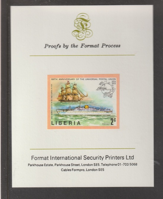 Liberia 1974 Centenary of UPU 2c Ships Thomas Coutts & Aureol imperf mounted on Format International proof card, as SG 1187, stamps on upu, stamps on ships, stamps on  upu , stamps on 