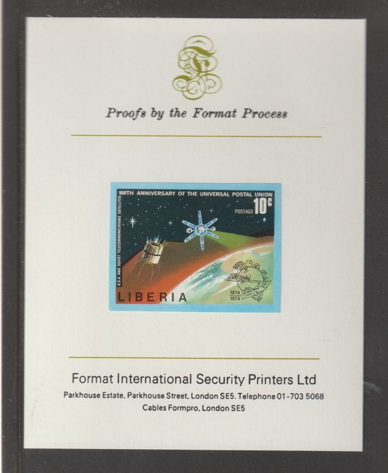 Liberia 1974 Centenary of UPU 10c US & Soviet Satellites imperf mounted on Format International proof card, as SG 1189, stamps on upu, stamps on satellites, stamps on communications, stamps on americana, stamps on space, stamps on  upu , stamps on 