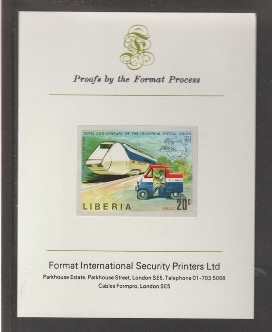 Liberia 1974 Centenary of UPU 20c High Speed Train & Mail Van imperf mounted on Format International proof card, asSG 1191, stamps on upu, stamps on postal, stamps on railways, stamps on trucks, stamps on  upu , stamps on 