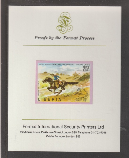 Liberia 1974 Centenary of UPU 25c Pony Express Rider imperf mounted on Format International proof card, as SG 1192, stamps on upu, stamps on postal, stamps on horses, stamps on postman, stamps on americana, stamps on  upu , stamps on 