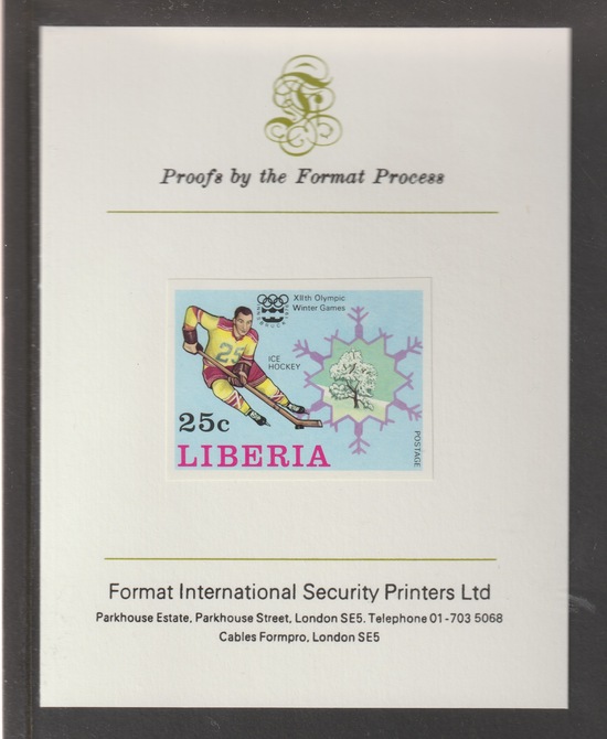 Liberia 1976 Innsbruck Winter Olympics 25c Ice Hockey imperf mounted on Format International proof card, as SG 1263, stamps on sport, stamps on ice hockey