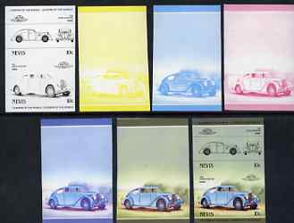 Nevis 1985 Voisin 1935 Aerodyne 10c (Leaders of the World) set of 7 imperf progressive colour proofs in se-tenant pairs comprising the 4 basic colours plus 2, 3 and all 4..., stamps on cars, stamps on voisin