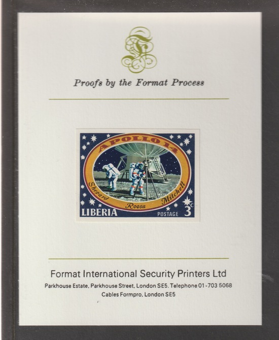 Liberia 1971 Apollo 14 Moon Mission 3c  imperf mounted on Format International proof card, as SG 1058, stamps on space, stamps on apollo