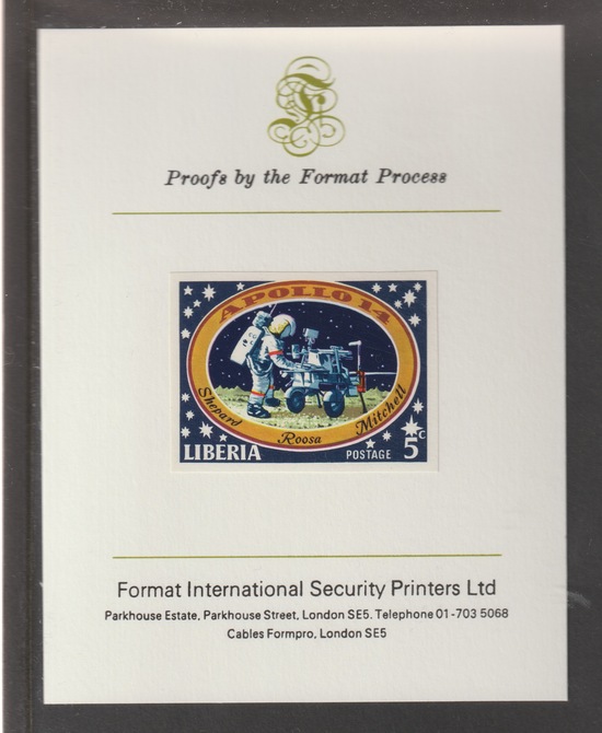 Liberia 1971 Apollo 14 Moon Mission 5c  imperf mounted on Format International proof card, as SG 1059, stamps on space, stamps on apollo