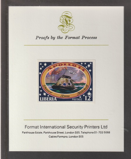 Liberia 1971 Apollo 14 Moon Mission 12c  imperf mounted on Format International proof card, as SG 1061, stamps on space, stamps on apollo, stamps on parachutes