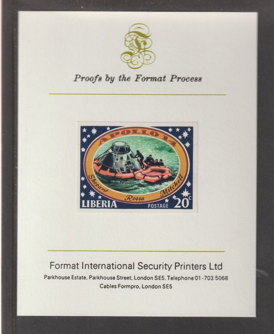 Liberia 1971 Apollo 14 Moon Mission 20c  imperf mounted on Format International proof card, as SG 1062, stamps on space, stamps on apollo, stamps on 