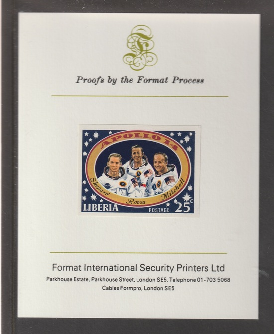 Liberia 1971 Apollo 14 Moon Mission 25c  imperf mounted on Format International proof card, as SG 1063, stamps on space, stamps on apollo, stamps on 