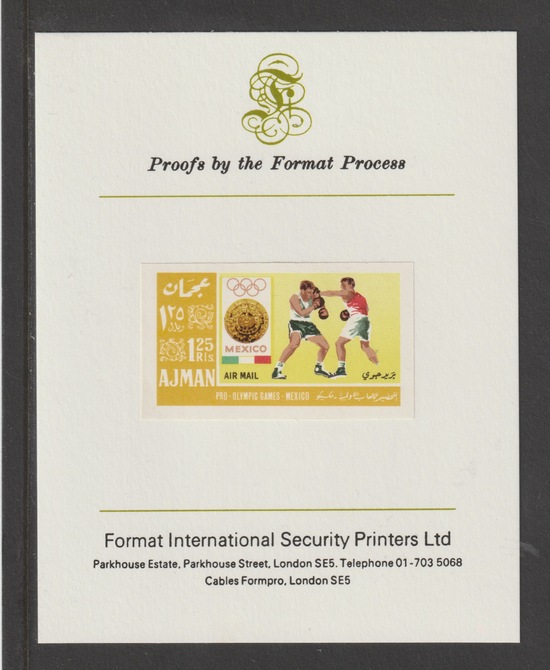 Ajman 1967 Mexico Olympics 1.25R Boxing  imperf mounted on Format International proof card, Michel 193, stamps on olympics, stamps on boxing
