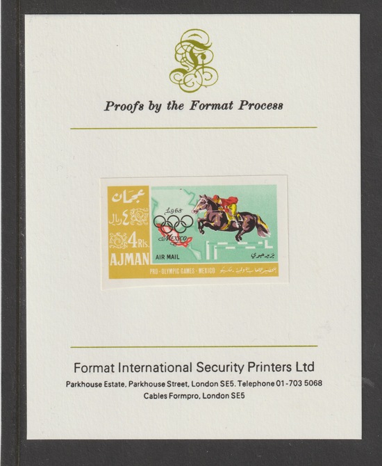 Ajman 1967 Mexico Olympics 4R Equestrian  imperf mounted on Format International proof card, Michel 196, stamps on olympics, stamps on horses, stamps on show jumping
