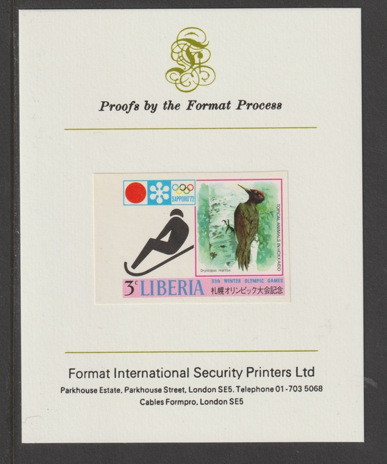 Liberia 1971 Sapporo Winter Olympics 3c Tobogganing & Woodpecker imperf mounted on Format International proof card, as SG 1091, stamps on olympics, stamps on sport, stamps on toboganning, stamps on woodpecker