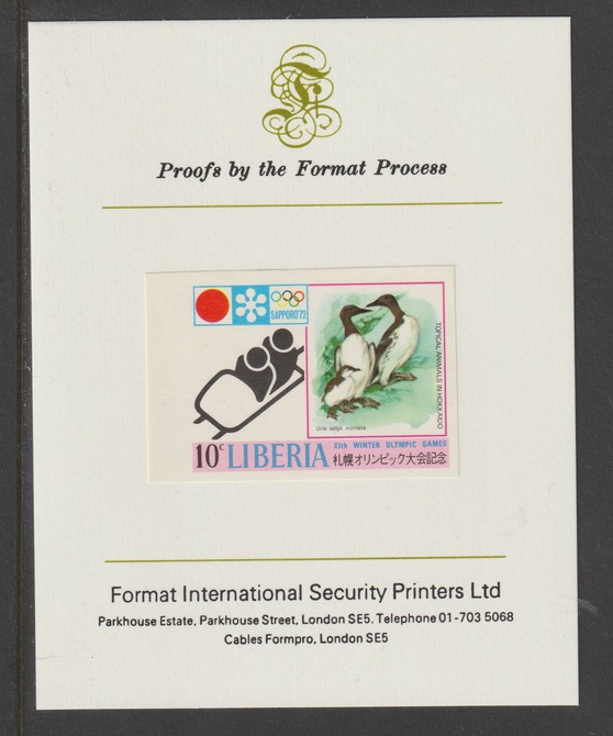 Liberia 1971 Sapporo Winter Olympics 10c Bobsleigh & Guillemots imperf mounted on Format International proof card, as SG 1093, stamps on olympics, stamps on sport, stamps on bobsleigh, stamps on birds