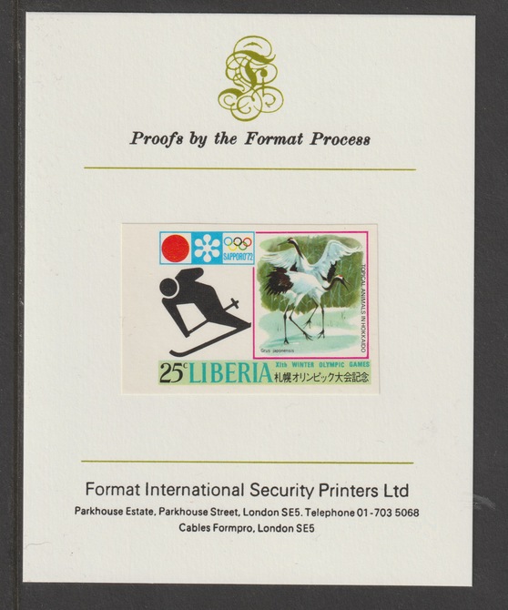 Liberia 1971 Sapporo Winter Olympics 25c Slalom & Cranes imperf mounted on Format International proof card, as SG 1095, stamps on olympics, stamps on sport, stamps on skiing, stamps on birds