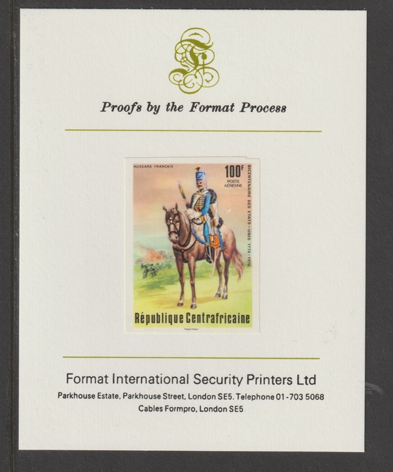 Central African Republic 1976 Bicentenary of American Revolution 100f French Hussar imperf mounted on Format International proof card, as SG 416, stamps on usa bicentenary, stamps on americana, stamps on militaria, stamps on uniforms