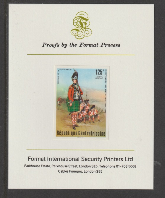 Central African Republic 1976 Bicentenary of American Revolution 125f Black Watch Soldier imperf mounted on Format International proof card, as SG 417, stamps on usa bicentenary, stamps on americana, stamps on militaria, stamps on uniforms