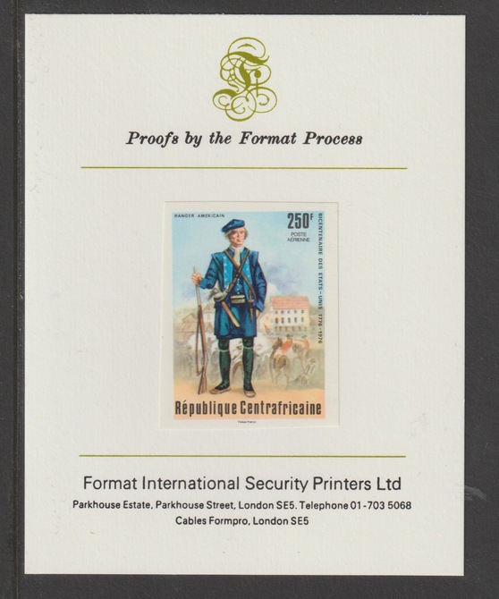 Central African Republic 1976 Bicentenary of American Revolution 250f American Ranger imperf mounted on Format International proof card, as SG 420, stamps on usa bicentenary, stamps on americana, stamps on militaria, stamps on uniforms
