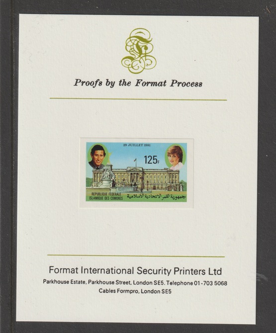 Comoro Islands 1981 Royal Wedding 125f imperf mounted on Format International proof card, as SG 452, stamps on royalty, stamps on charles, stamps on diana, stamps on palaces