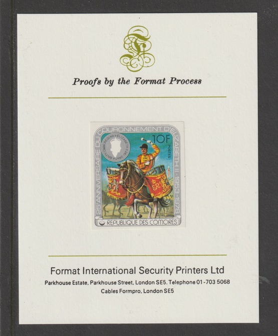Comoro Islands 1978 Coronation 25th Anniversary 10f (Drum Major) imperf mounted on Format International proof card, stamps on royalty, stamps on coronation